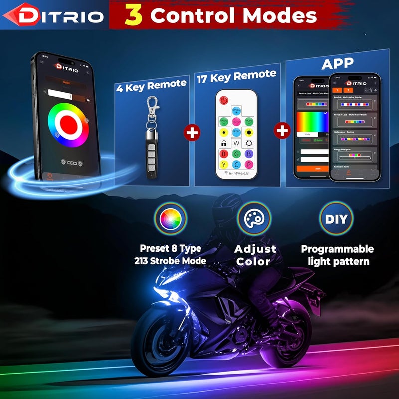 DITRIO 8PCS 5 Sides Full Angle RGB Motorcycle LED Underglow Kit with APP and 2 Remote Control,Brake Light Bright Waterproof Music Mode Easy Install Underglow Lights, Fit for Most Motorcycles Scooter - Image 3